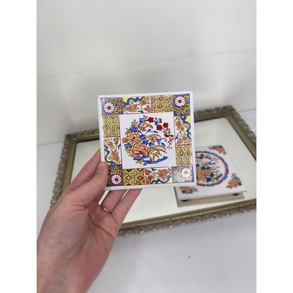 Set of Two Vintage Chinoiserie Style Coasters Trivets Tiles w/ Feet Floral - Picture 4 of 10